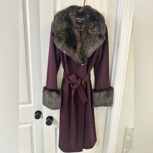 French Connection Belted Coat with Faux Fur Trim